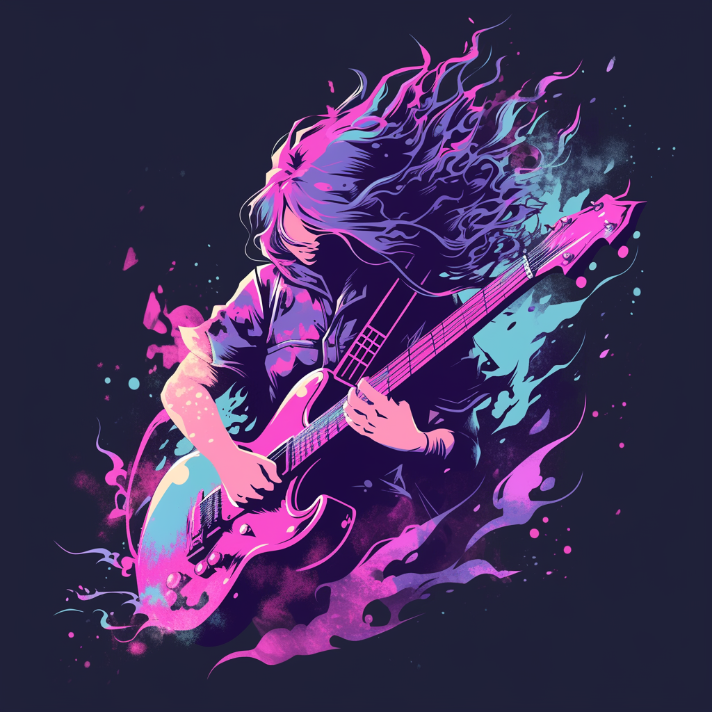 Guitar performer with trendy graphic t-shirt design