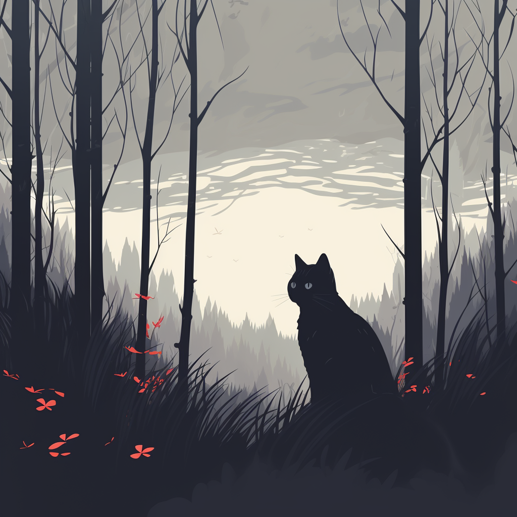 Digital illustration of gray cat in forest