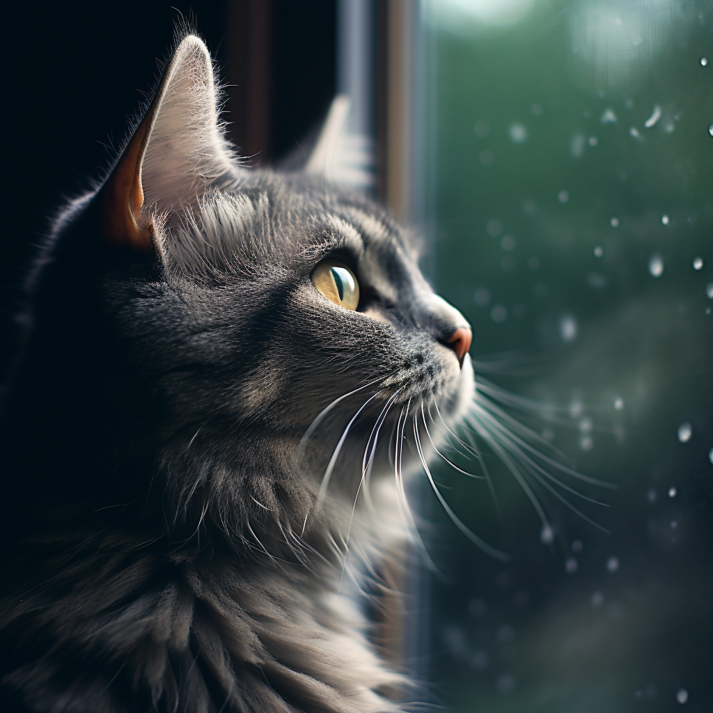 Beautiful gray cat looking out space window