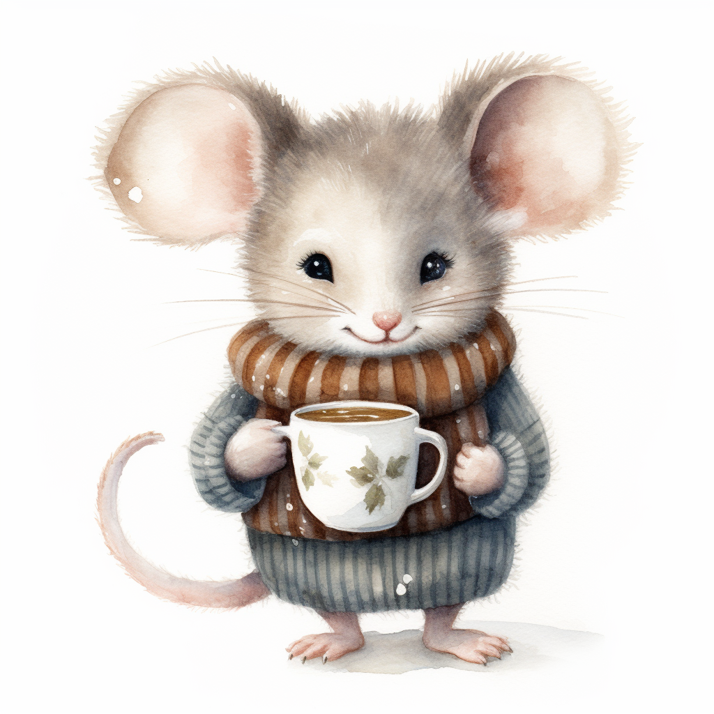 Adorable gray mouse with hot cocoa