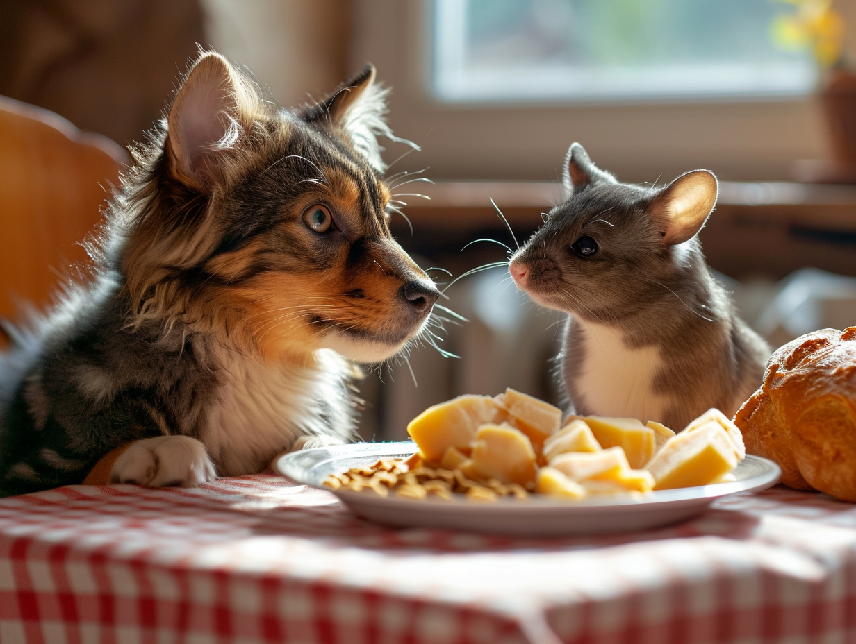 Grayscale cat and Hovawart eating on kitchen table