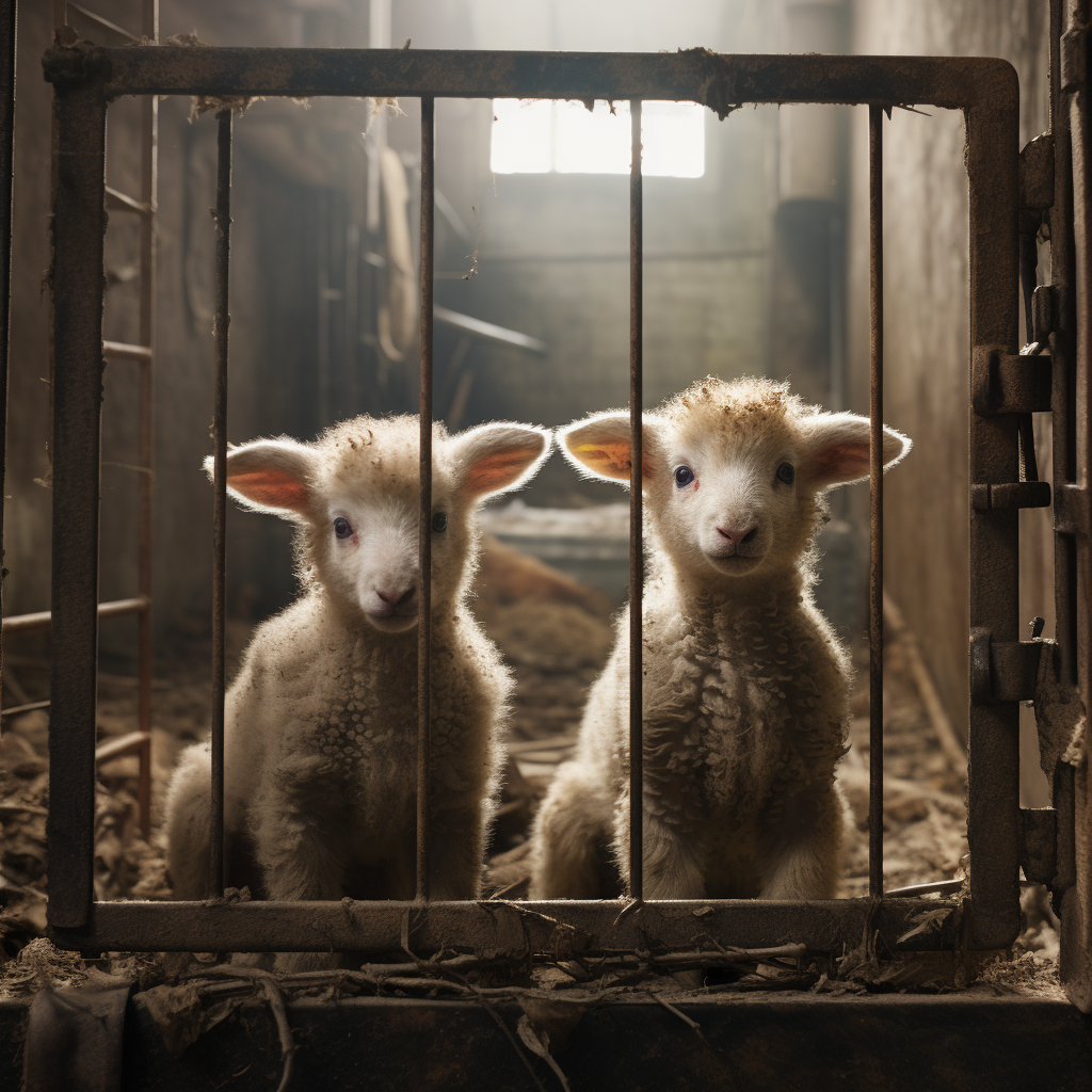 Lambs in adjacent cages