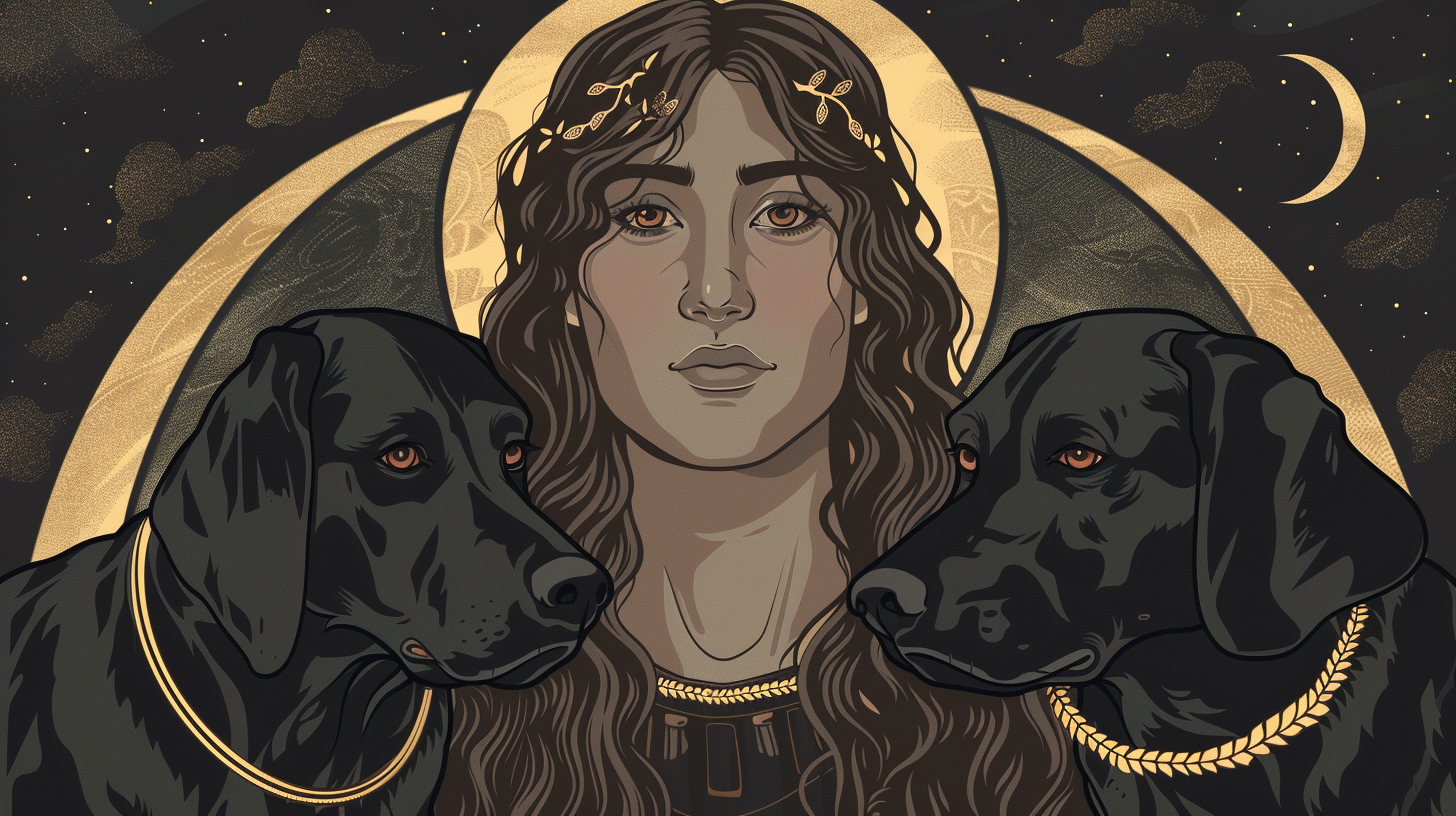 Greek goddess Hekate with two black dogs