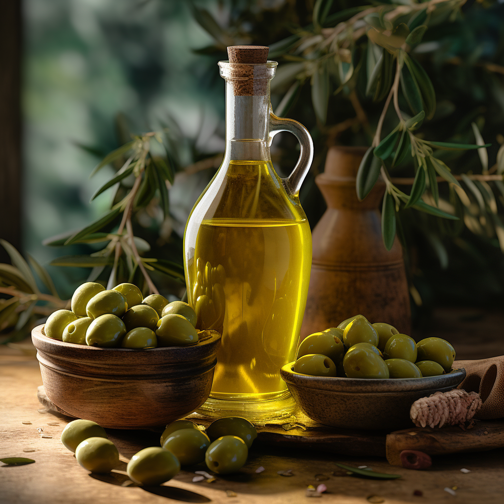 Close-up of Greek Olive Oil and Fresh Olives