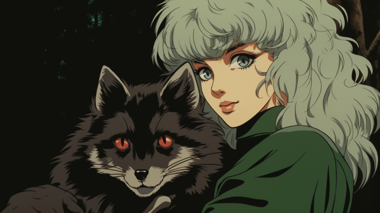 Anime woman with green eyes holding raccoon