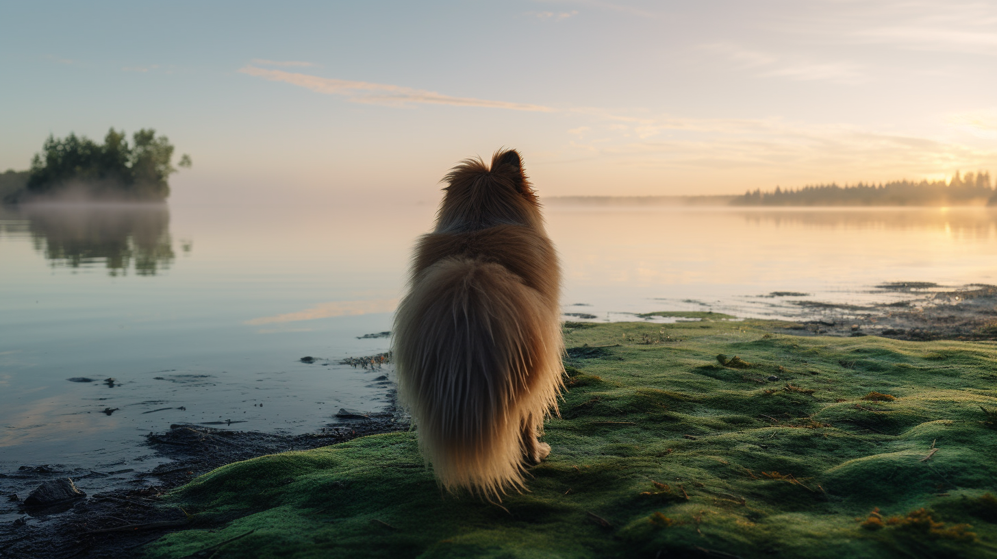 Beautiful Green-Furred Dog at the Lake