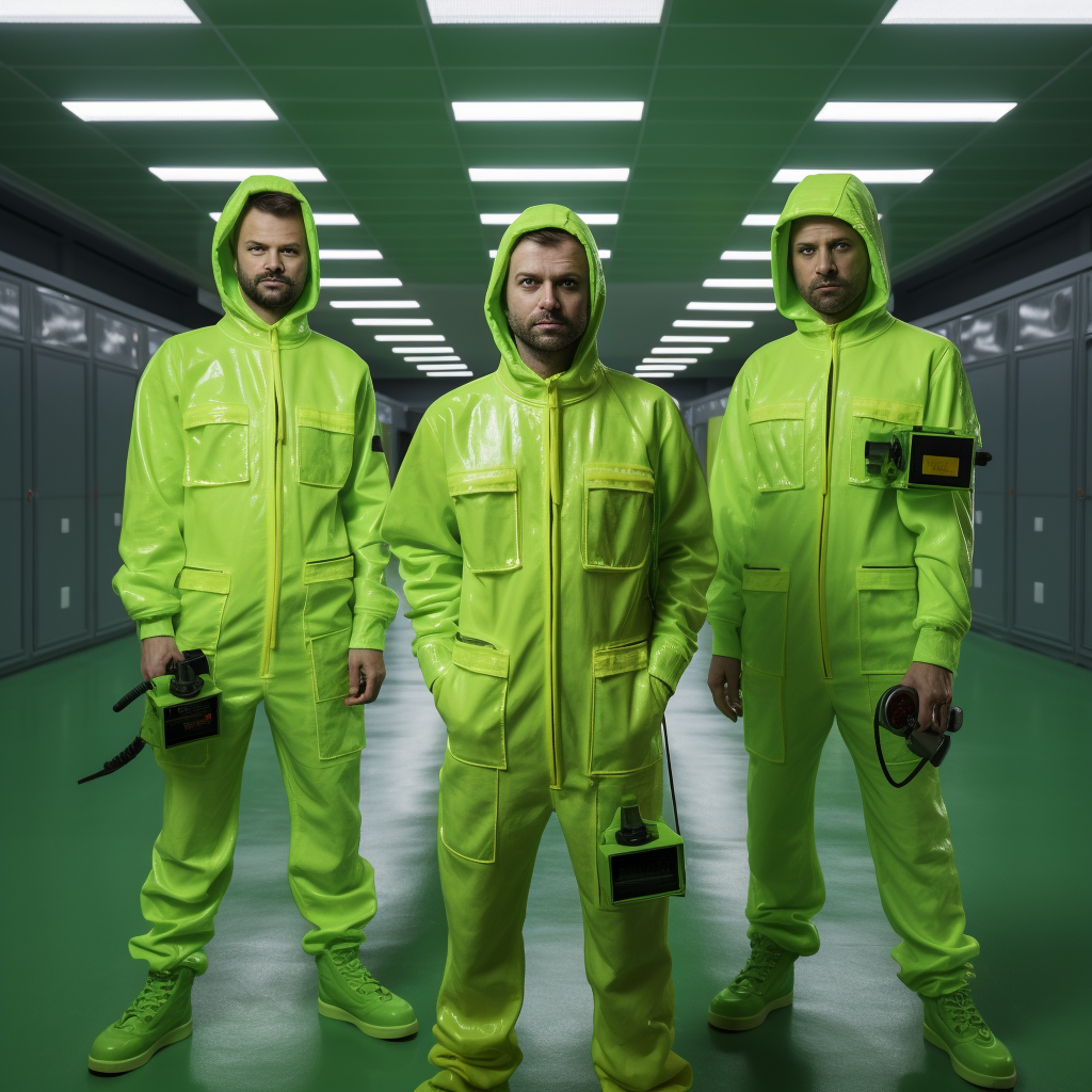 Three men in green hazard suits