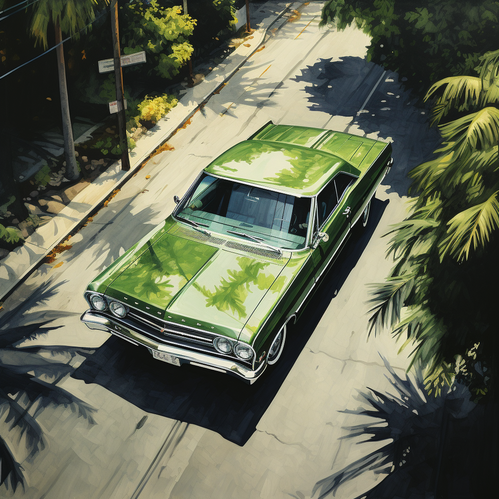 Aerial view of green Impala driving on palm tree lined street