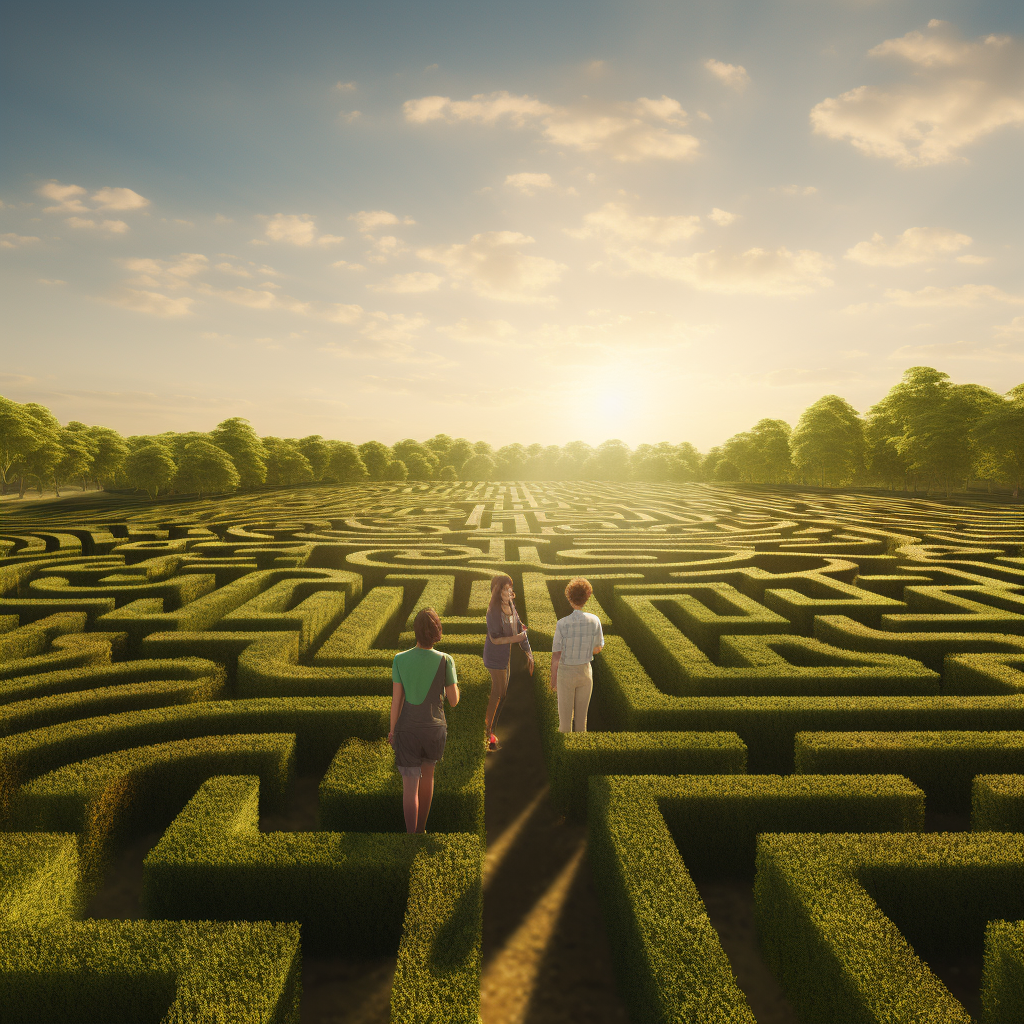 Friends exploring a green maze