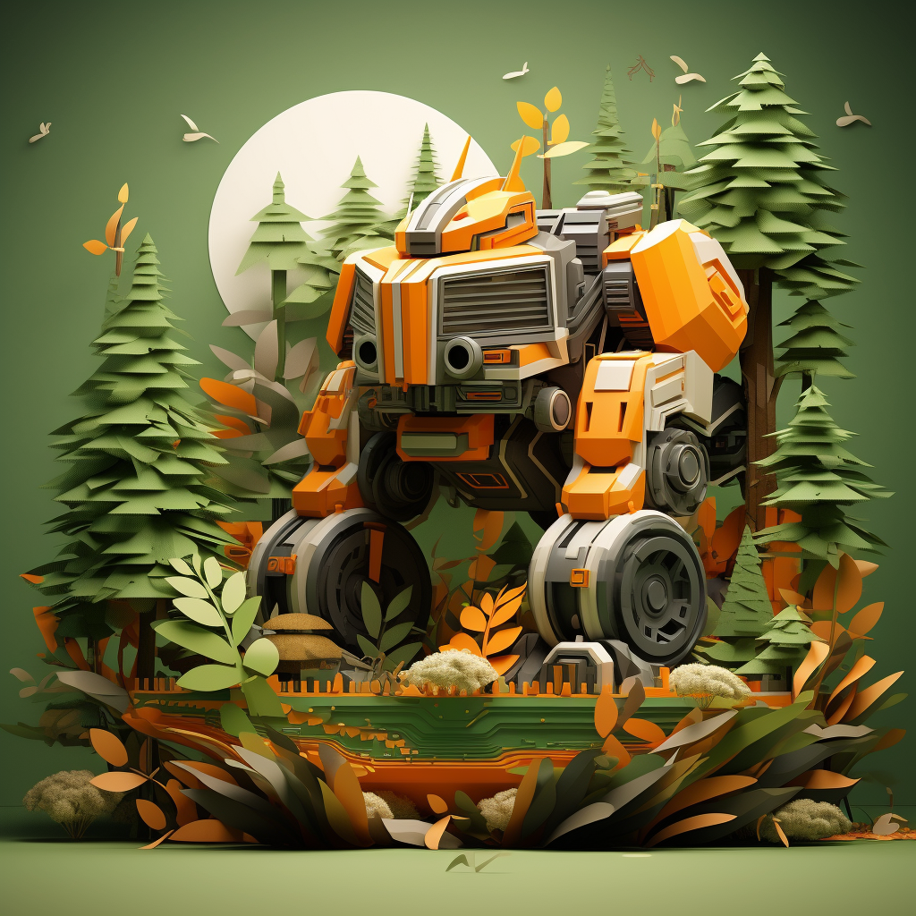 3D transformer in green and orange near trees and river