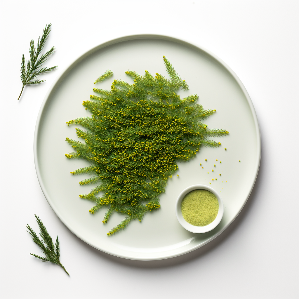 Fresh green pine pollen branches on white plate