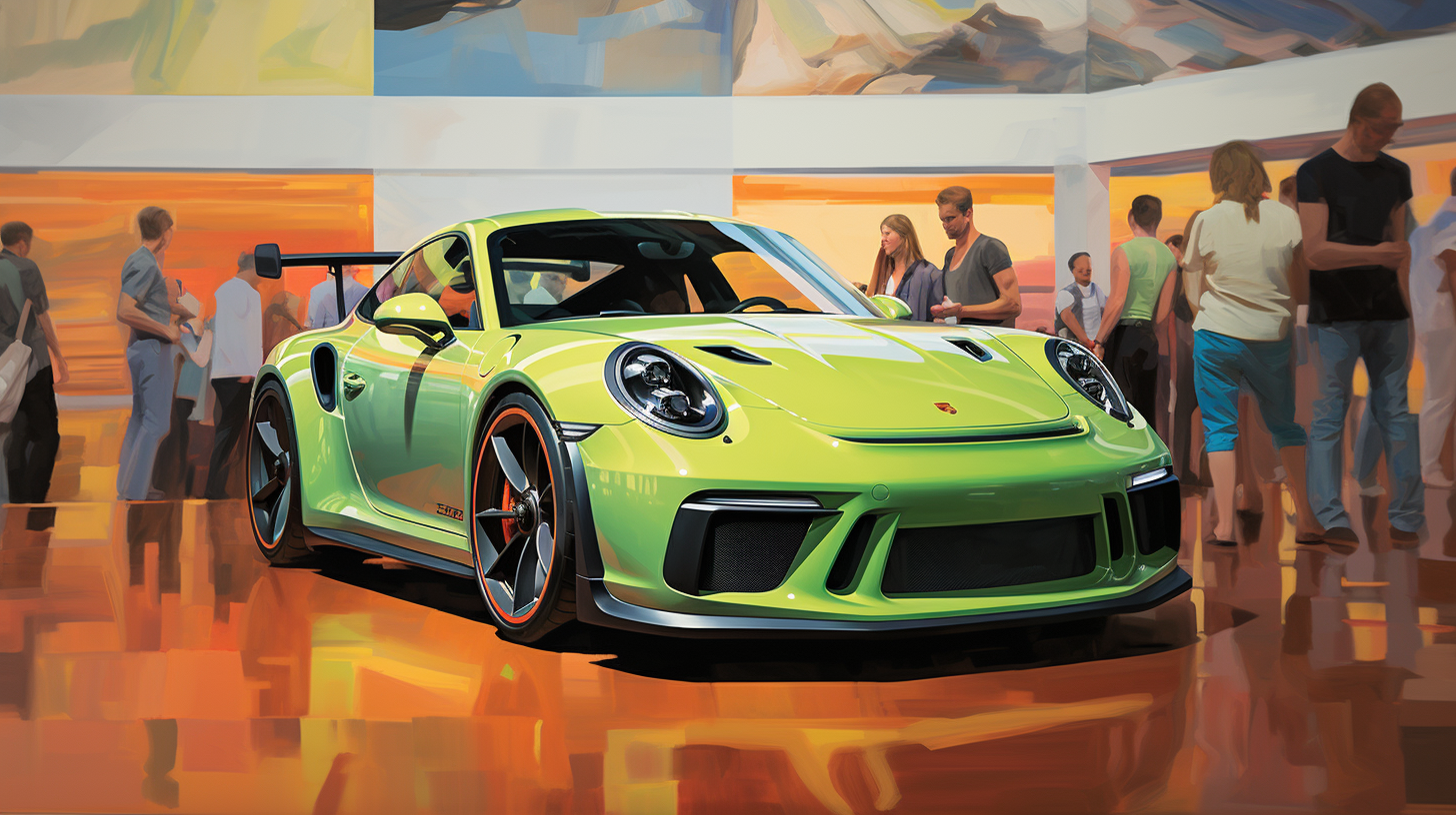 Expressive artwork of green Porsche GT3 RS with elegant ladies