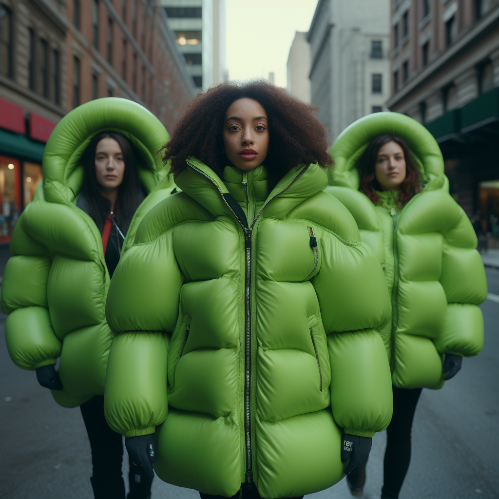 fashionable trio in green puffer jackets