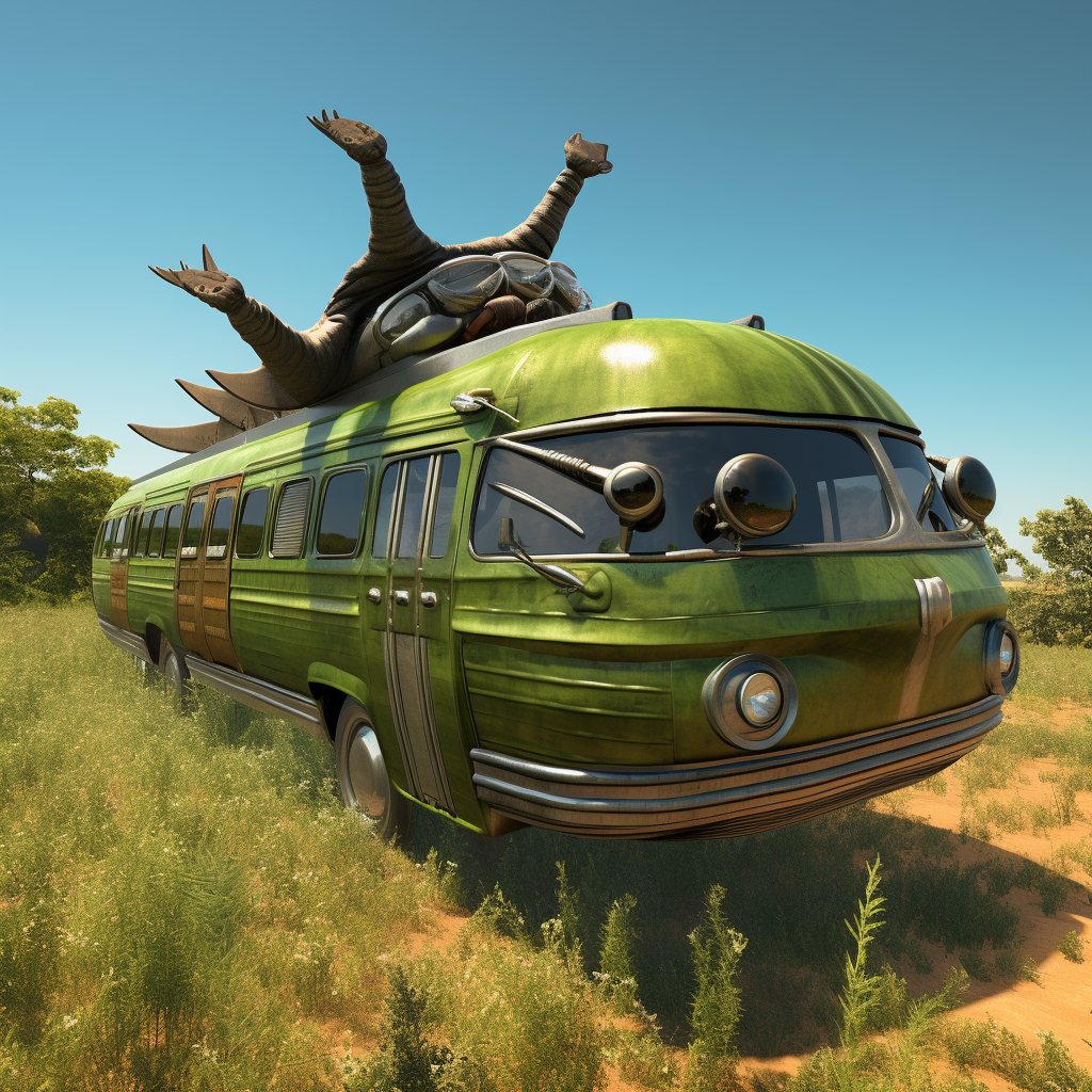 Green school bus flying over lush vegetation