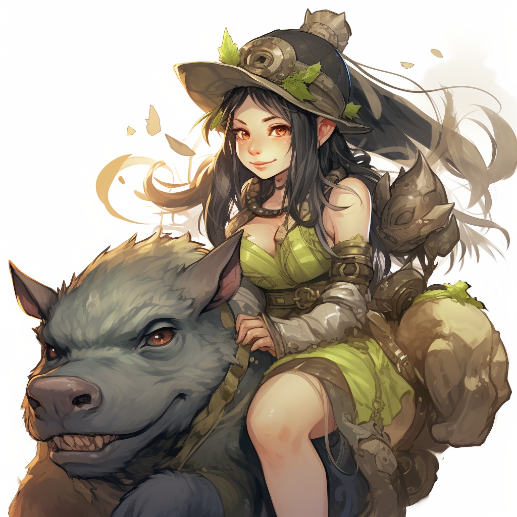 Green-skinned orc girl riding on wild hog