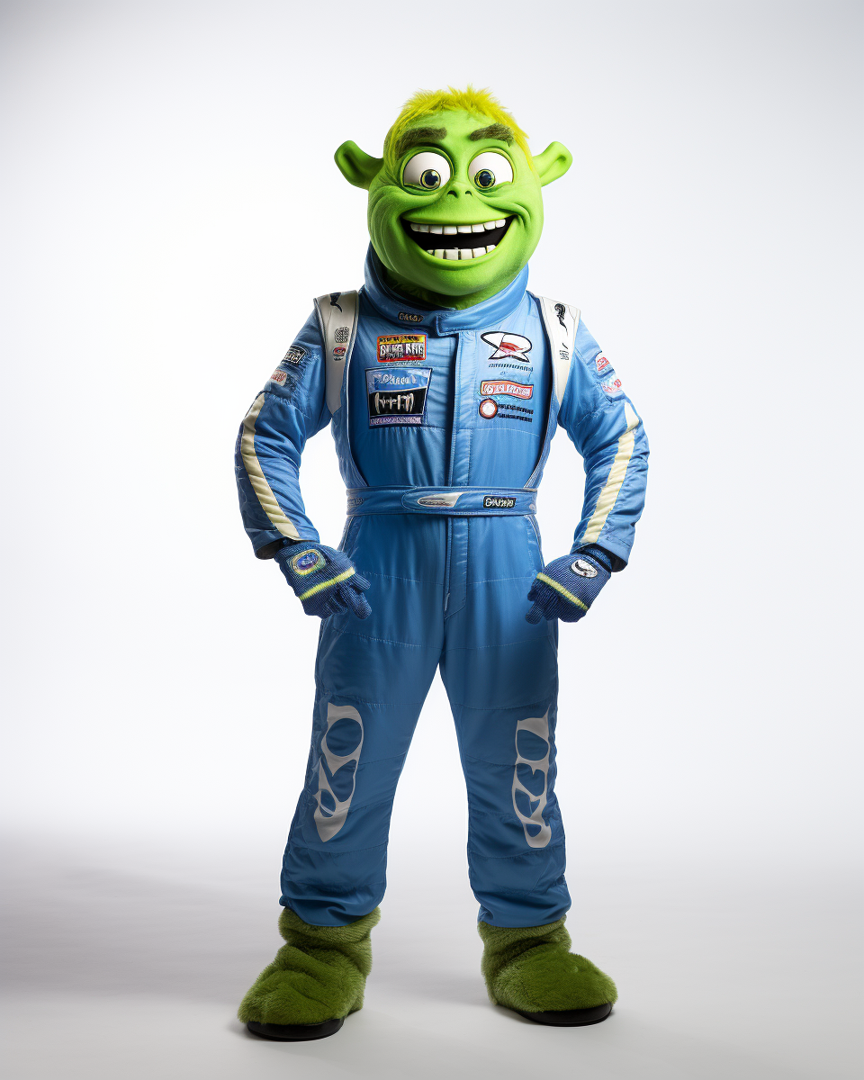 Photorealistic green troll race car driver portrait