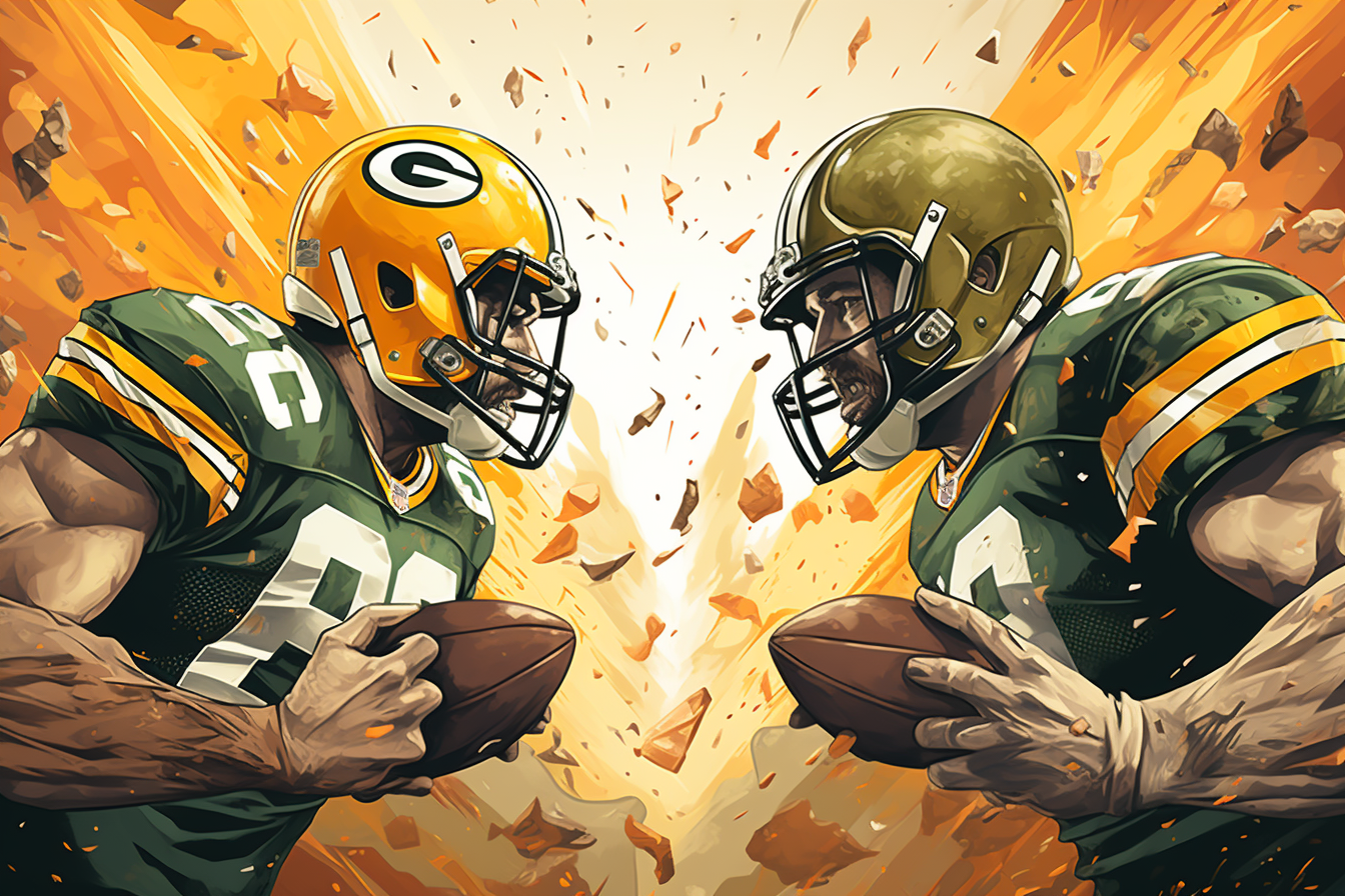 Postcard illustration of Green Bay Packers vs Denver Broncos