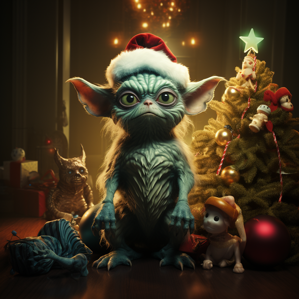 Scared Mogwhy with Gremlins and Colorful Christmas Tree