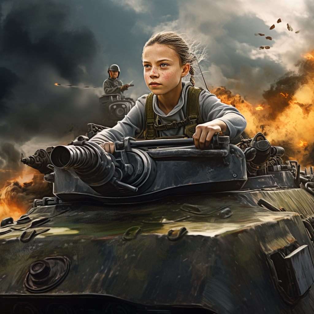 Greta Thunberg driving electric tank image