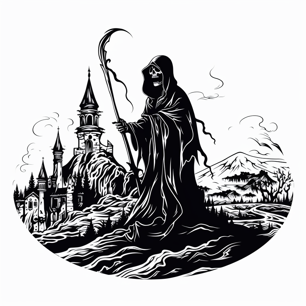 Black and white line art of Grim Reaper castle