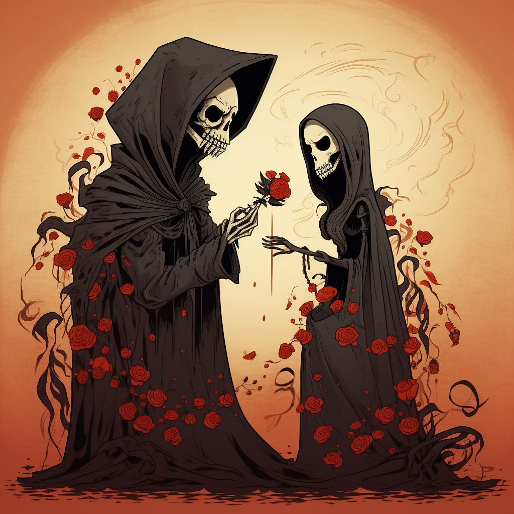 Cartoon illustration of a wedding proposal between grim reapers