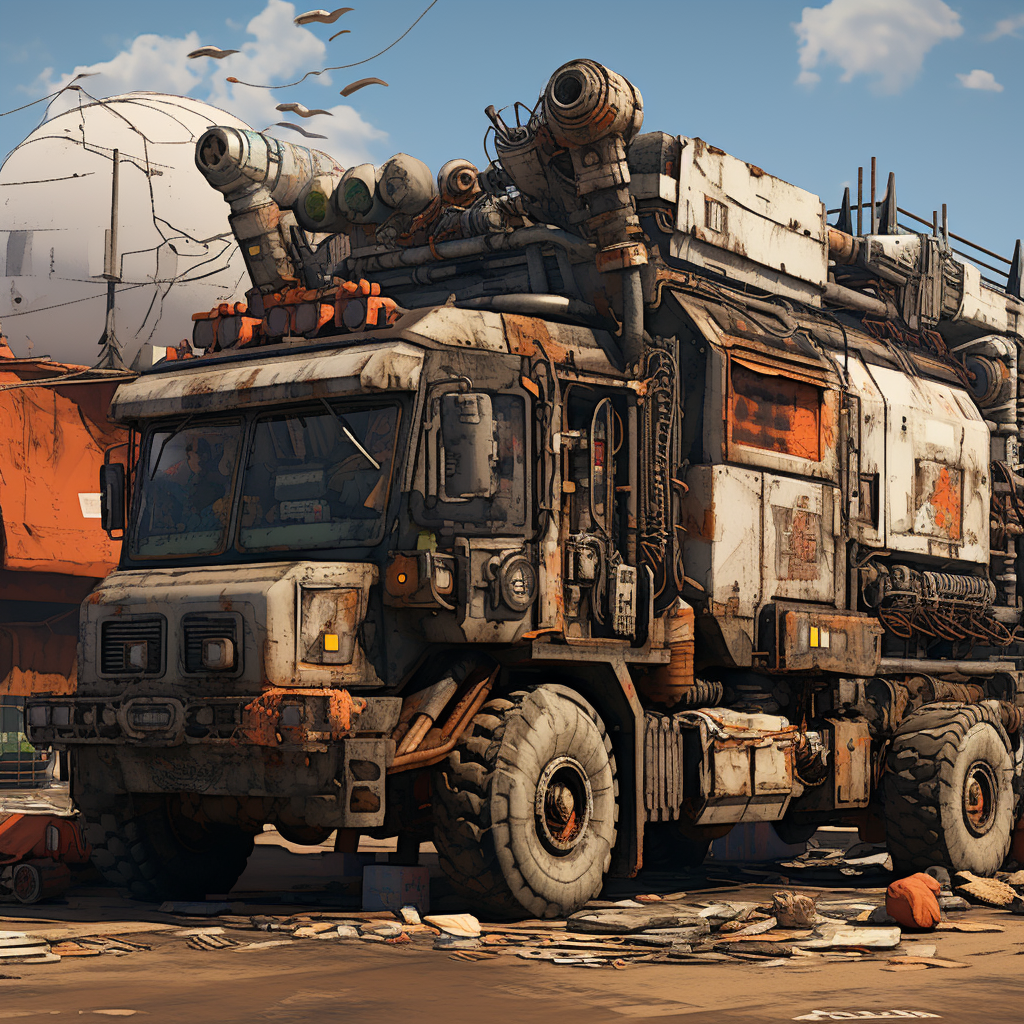 Crowded futuristic mobile truck fort in wasteland