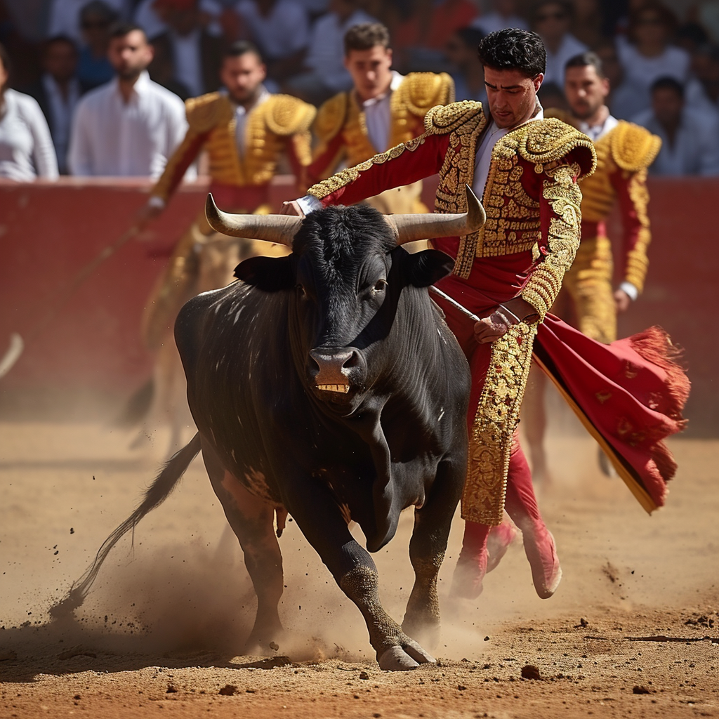 Matadors battling fierce bull in ring