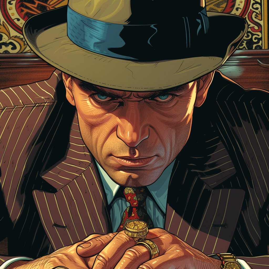 Comic-style GTA cover featuring mafia boss with hat, suit, and rings