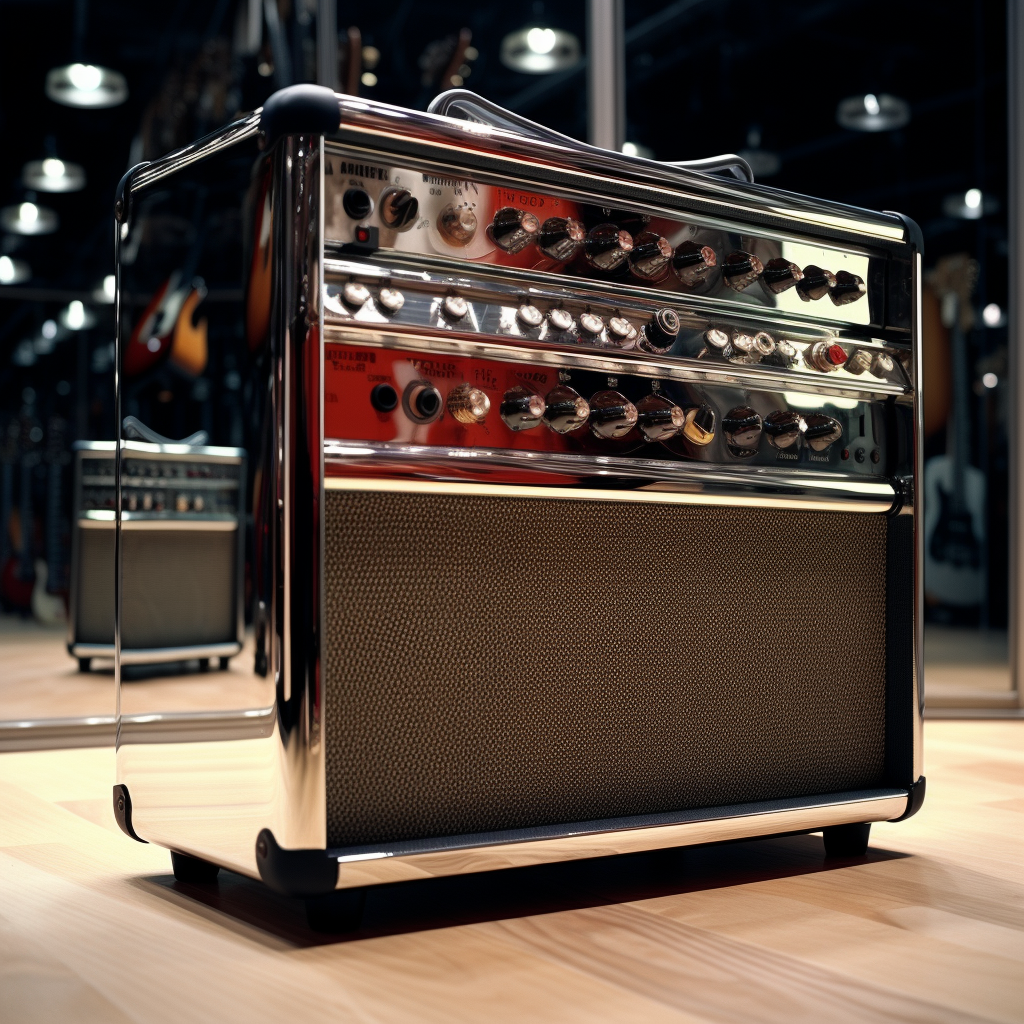 Detailed guitar amp reflection in mirrored room