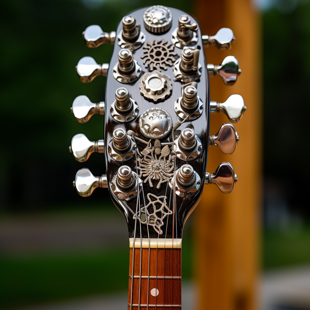 Guitar head with shiny tuning pegs