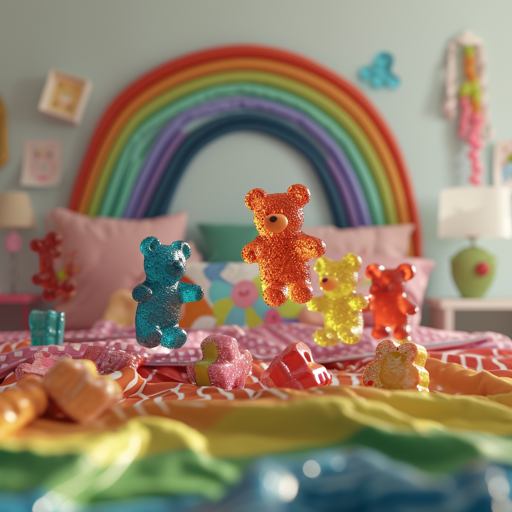 Playful gummy bear family jumping on bed