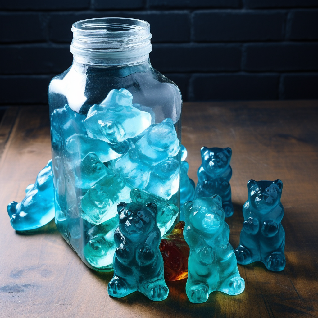 Colorful gummy bears in garage pouring soda