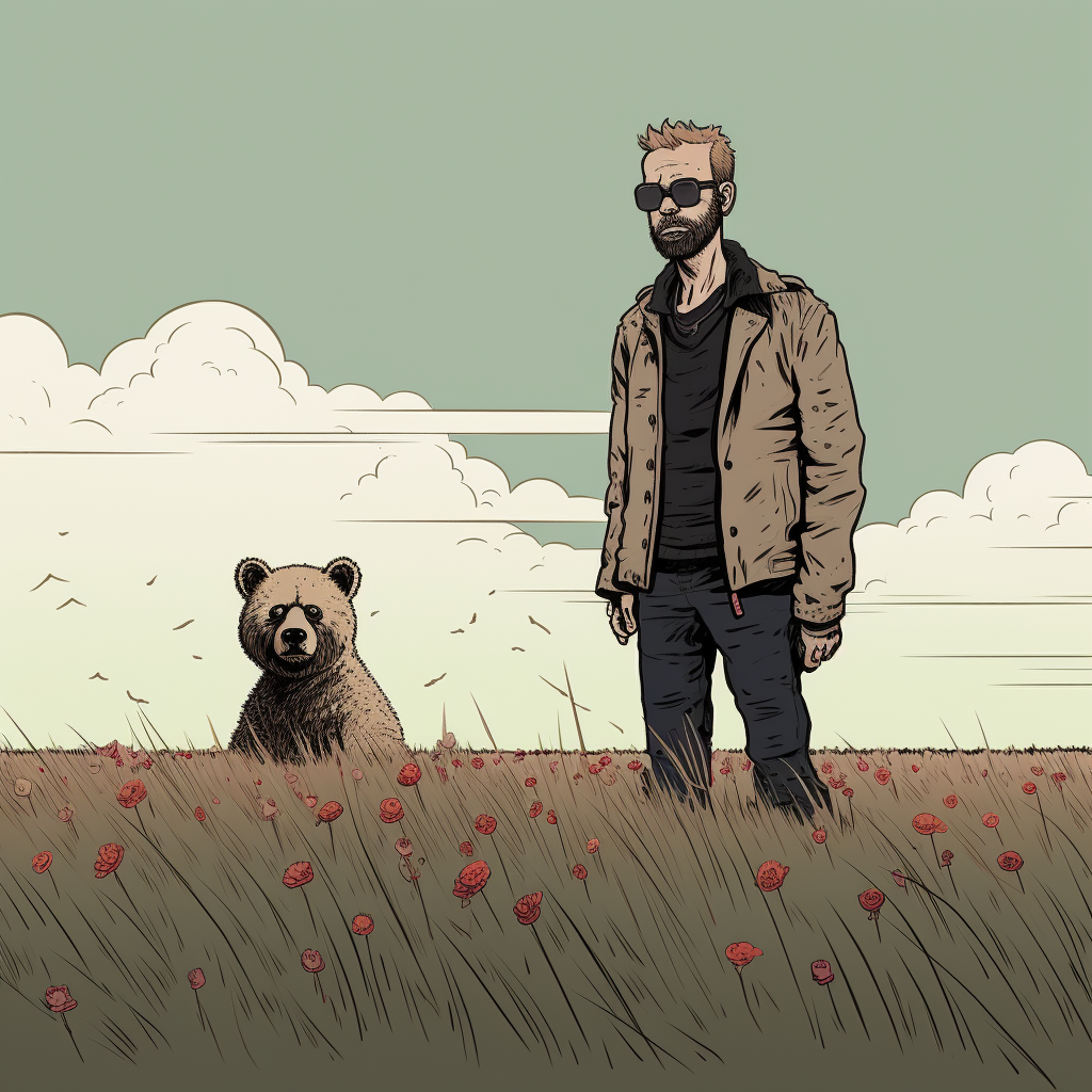 Man standing in field with bear in Jamie Hewlett style