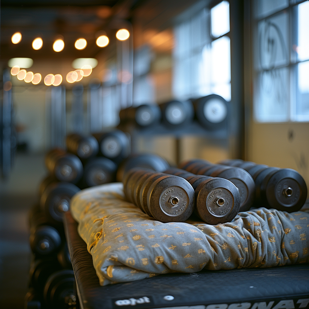 Gym bed with dumbbells and barbells