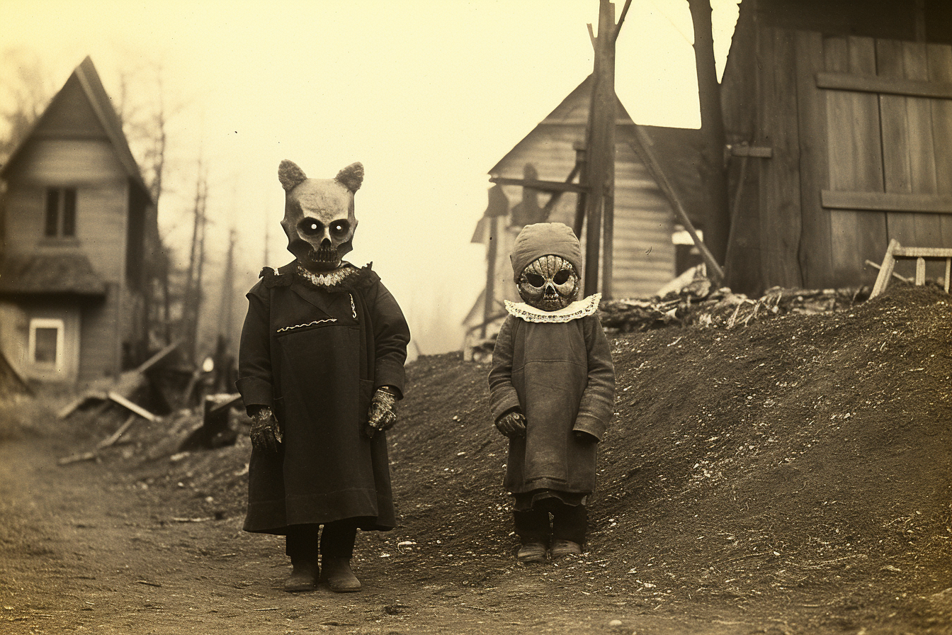 Two kids in Halloween costumes with masks