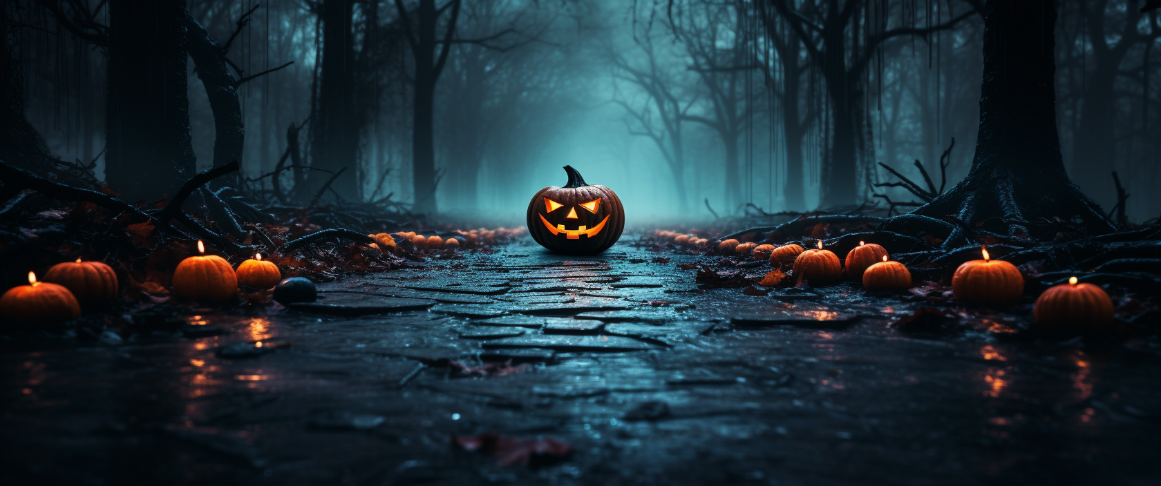 Halloween Pumpkin in Eerie Damp Forest