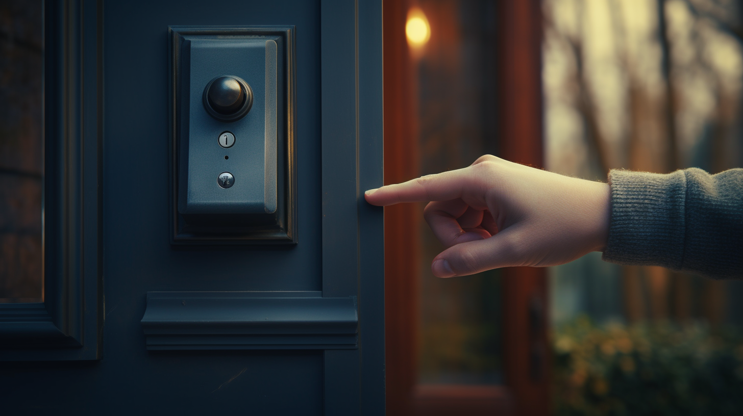 Hand pressing doorbell outside house