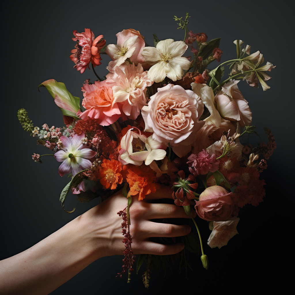 Hands with bouquet of flowers