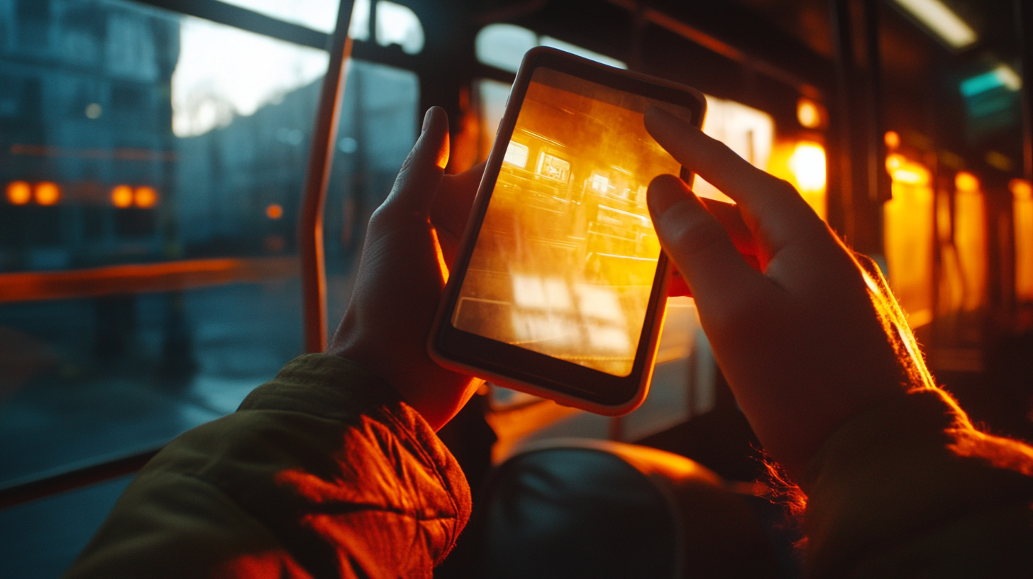 hands holding phone in bus, cinematic lighting, warm colors