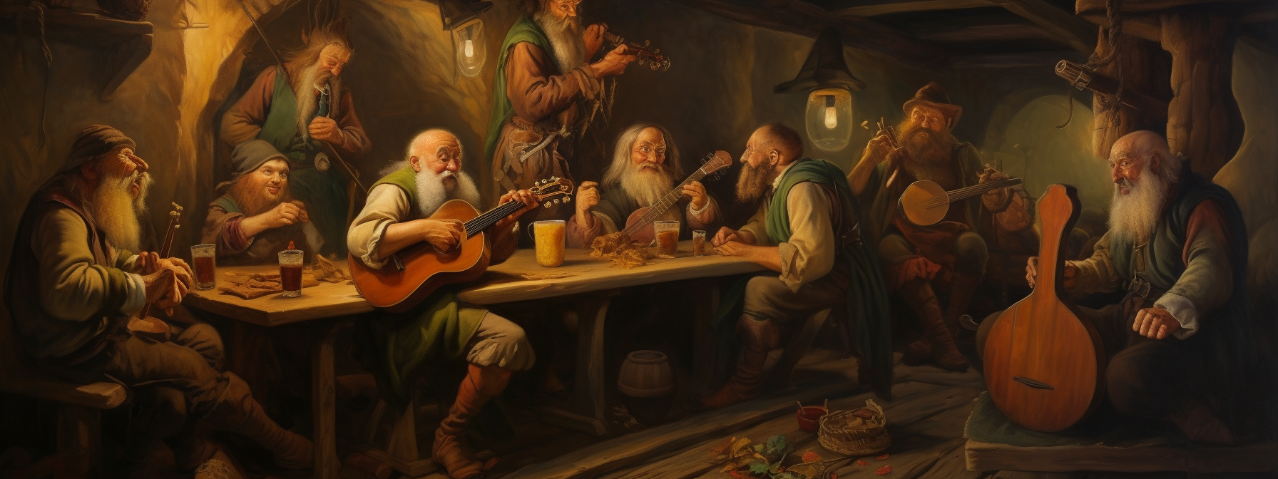 An oil painting of a bard playing a lute in a jovial tavern