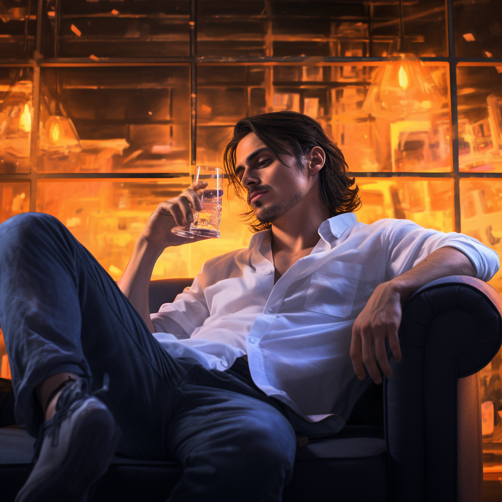 Handsome guy with whiskey glass in futuristic living room