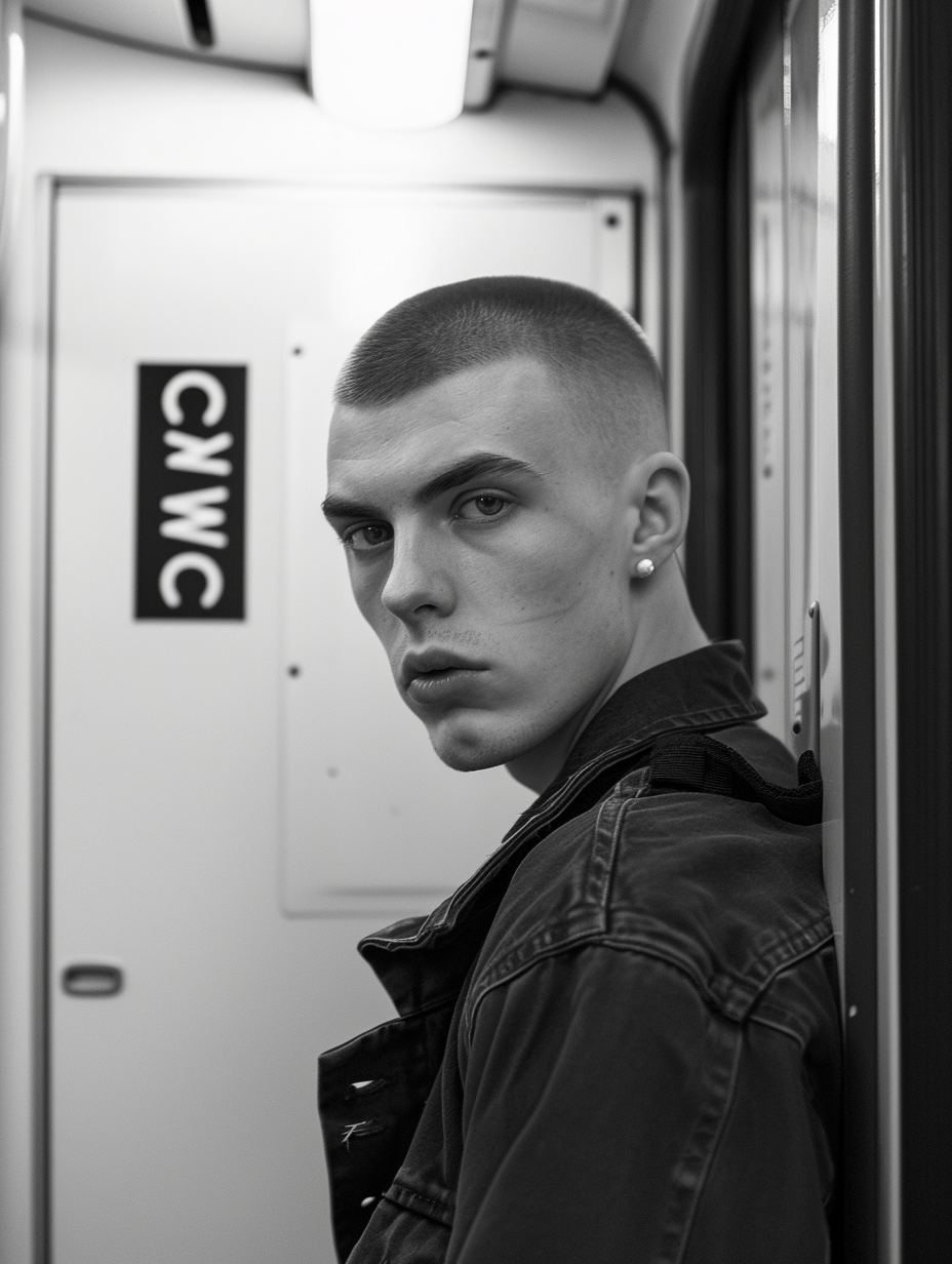 Handsome guy leaning on train bathroom door with WC sign