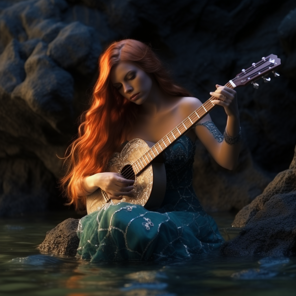 Charming male mermaid playing mandolin in the sea