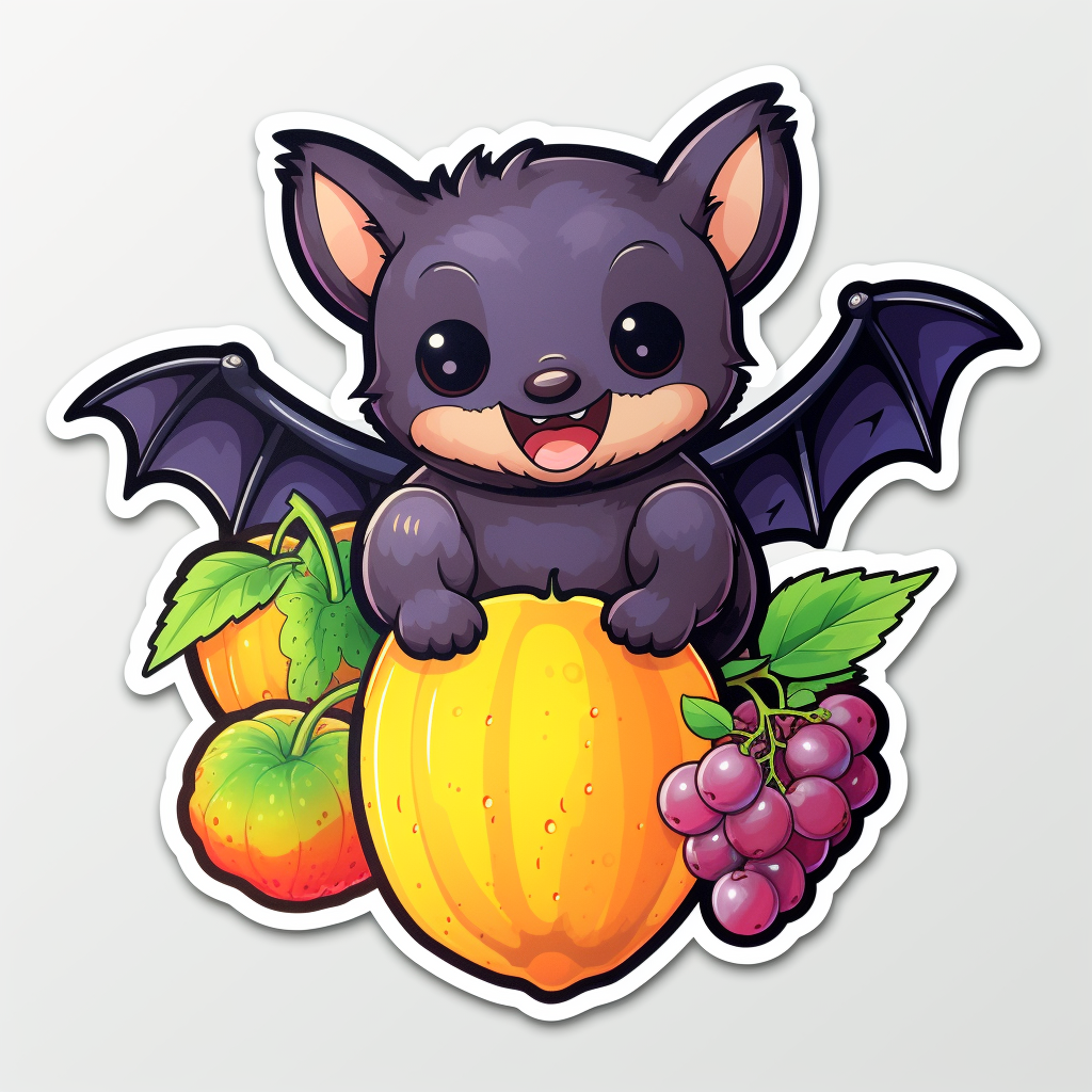 Happy bat surrounded by colorful fruit