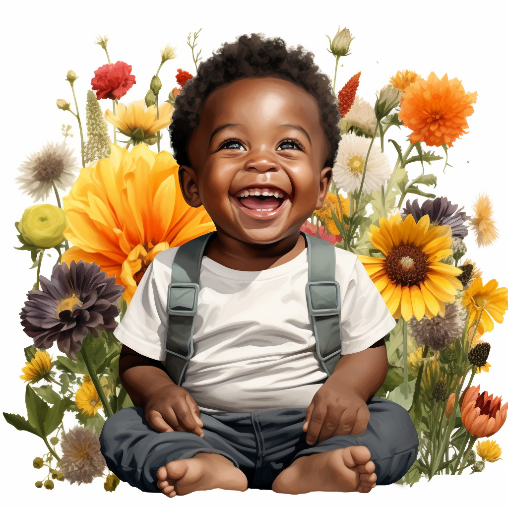 Smiling black baby surrounded by colorful flowers