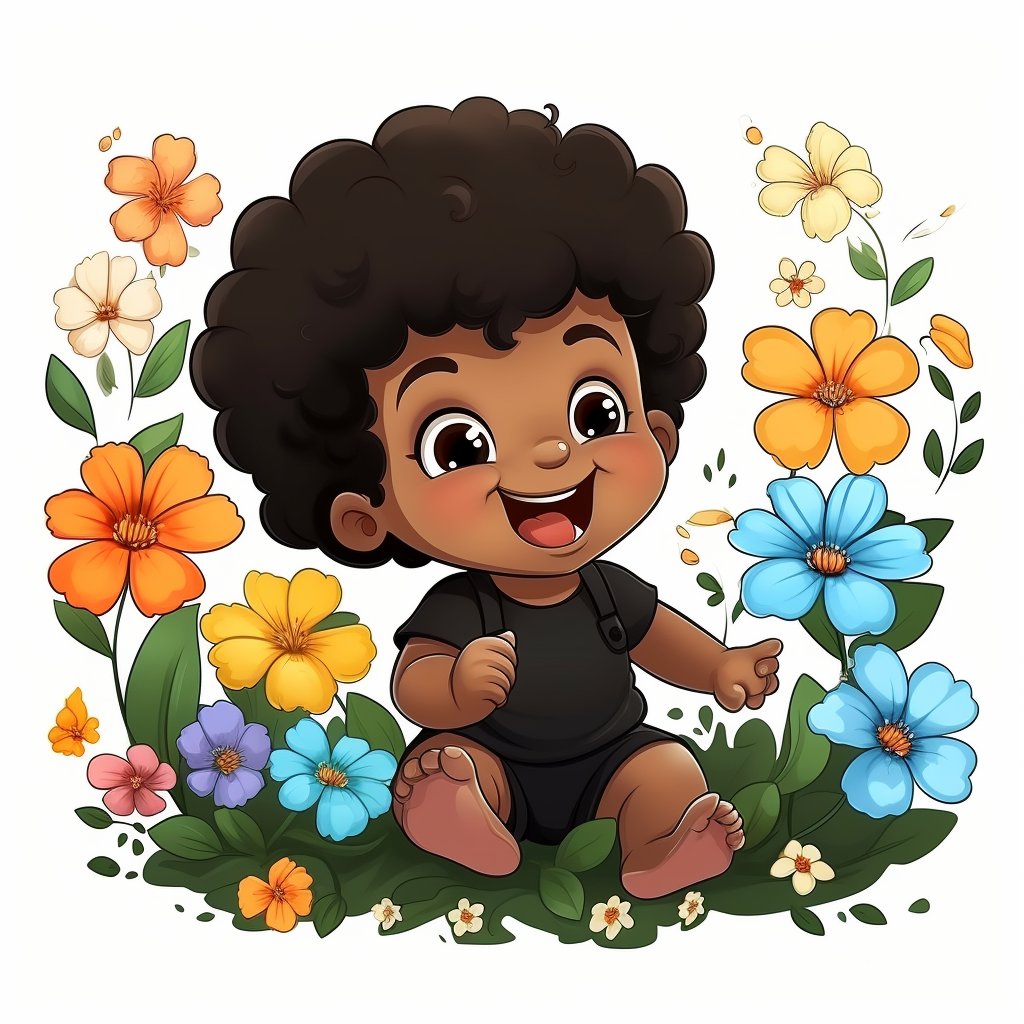 Smiling black baby surrounded by vibrant flowers