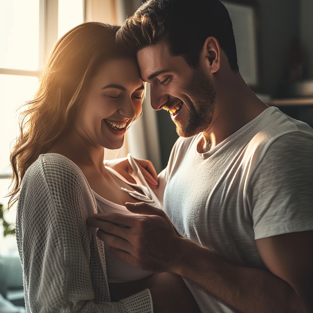 Happy couple with positive pregnancy test in morning sunlight.