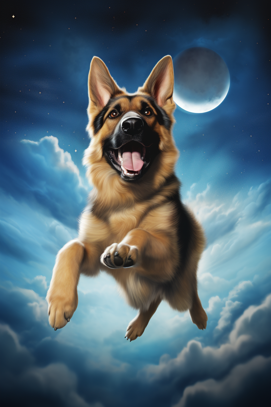 Happy German Shepherd Flying at Night