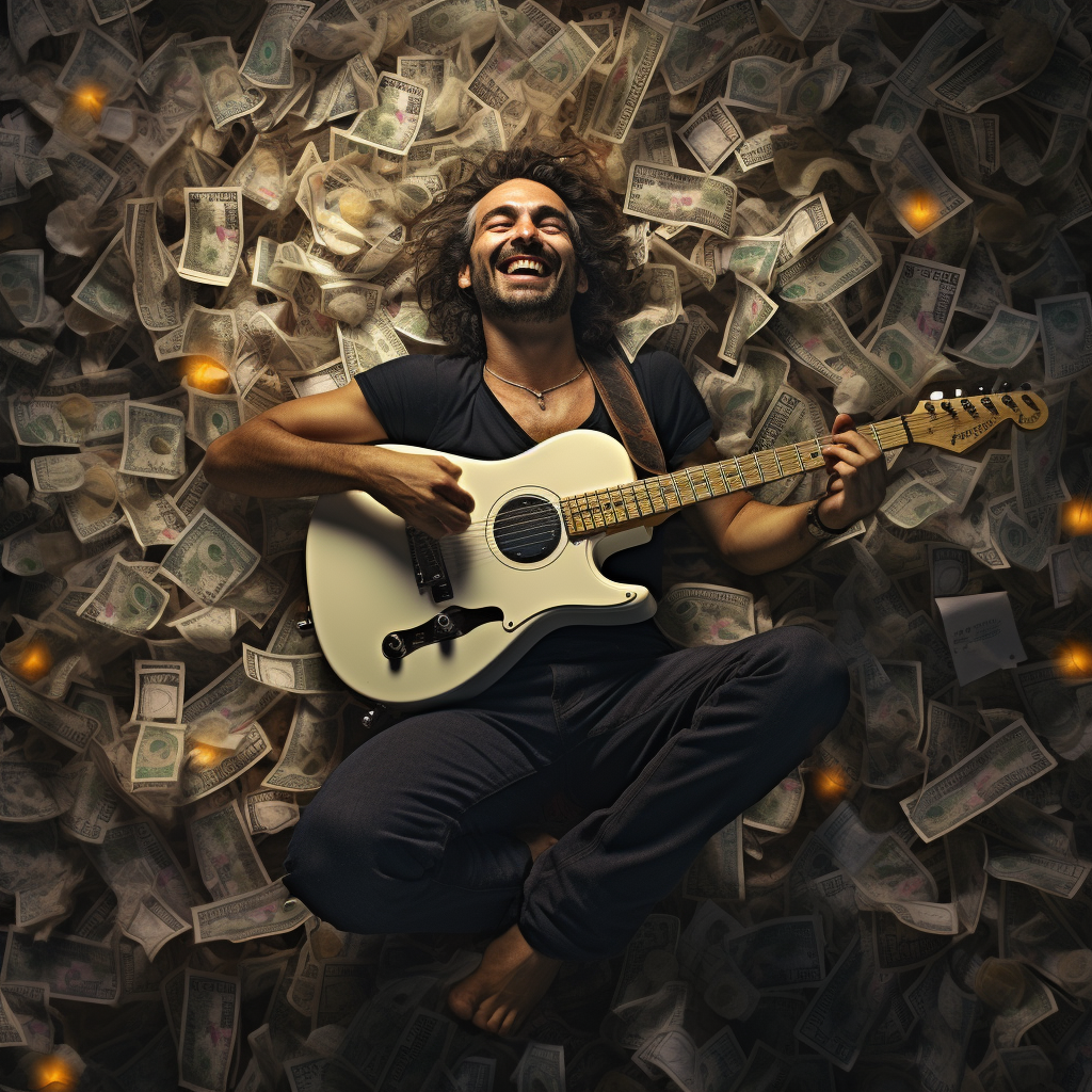 Happy guitarist on money