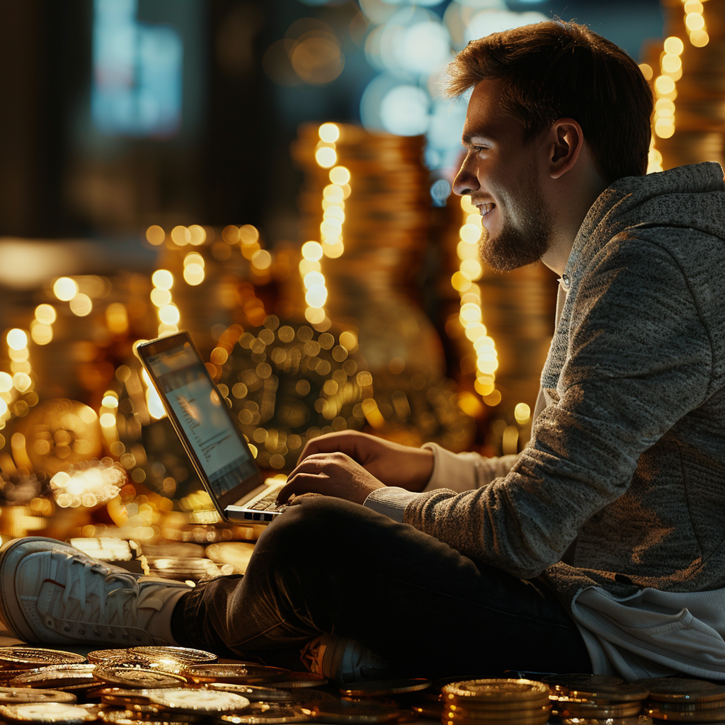 Guy Trading on Coins Laptop